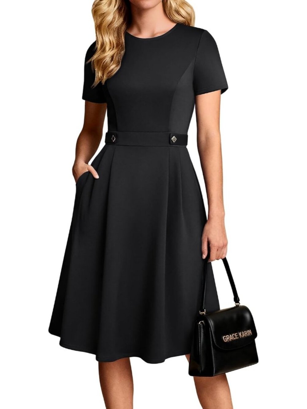 〽️ Women's Black Short Sleeve A Line Pockets Church Work Office Midi Dress - Picture 1 of 6